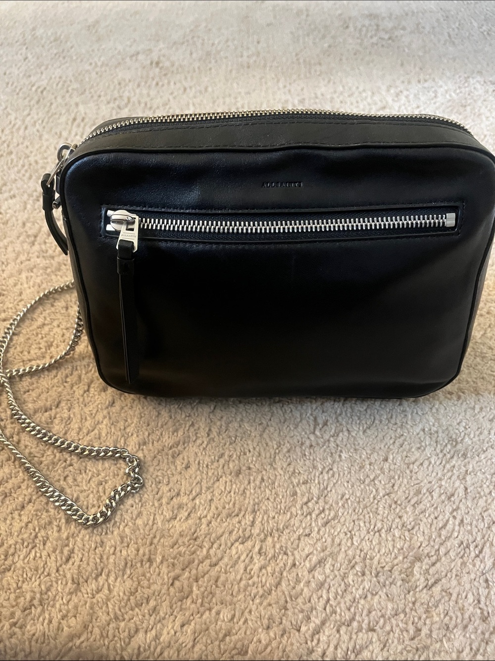 All Saints Black Leather Crossbody Bag with Silver Chain